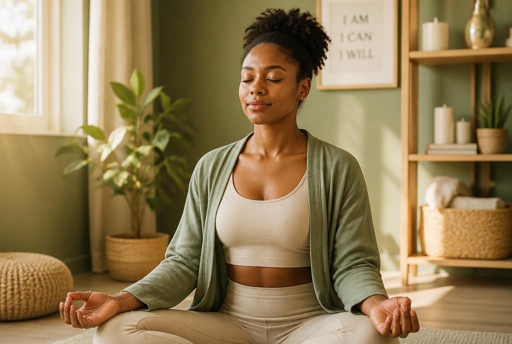 An African American woman sitting peacefully in a sunlit room practicing mindfulness meditation